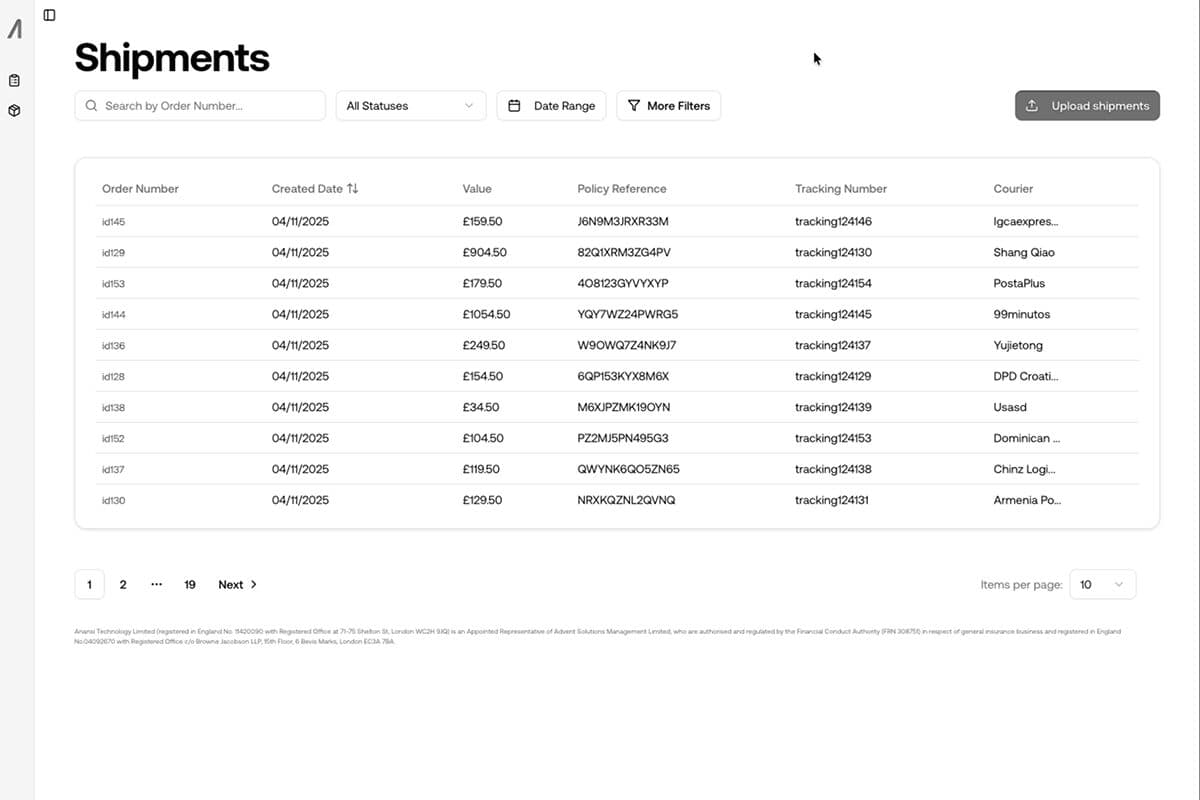 Anansi: the product's shipments screen